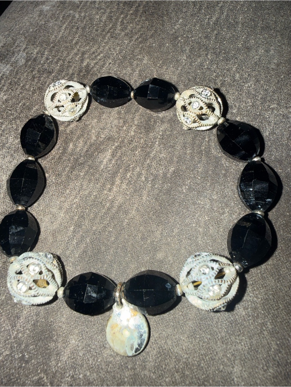 Black Beaded Stretch Bracelet with Silver Filigree Accents